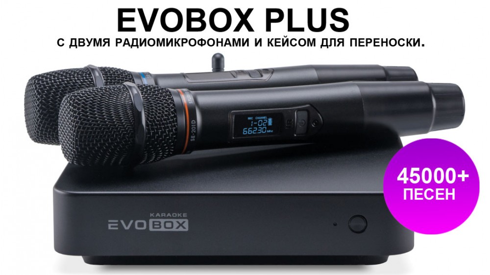 Караоке система для дома EVOBOX Plus с  2 беспроводными микрофонами и кэйсом в комплекте 